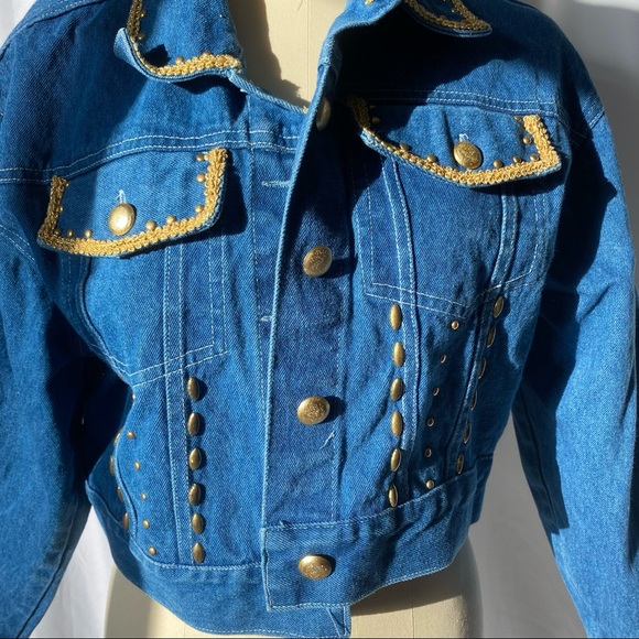 80s vintage 90s y2k denim gold button patches jacket gold trim - Picture 2 of 5